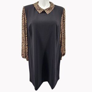 Tommy Hilfiger Womens Plus 22W Black Dress Leopard Print Collar Sheer Sleeve